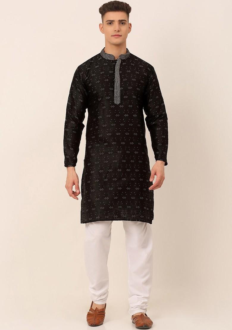 Black Printed Poly Blend Kurta Set For Men