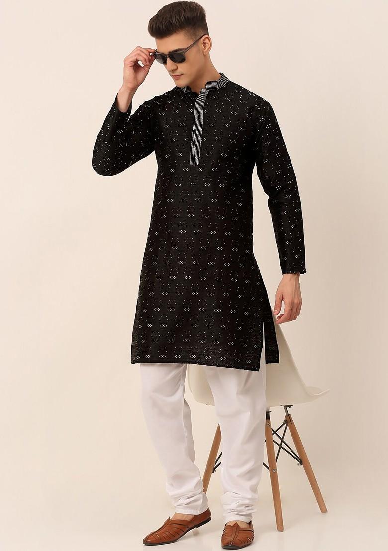 Black Printed Poly Blend Kurta Set For Men