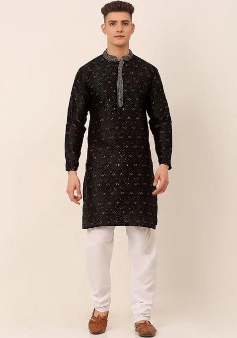 Black Printed Poly Blend Kurta Set For Men