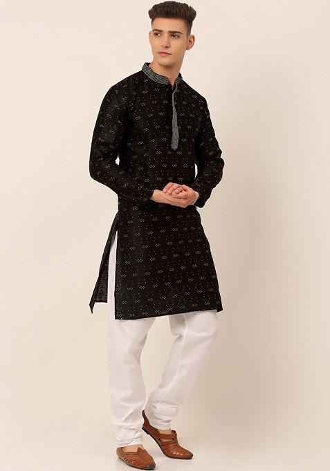 Black Printed Poly Blend Kurta Set For Men
