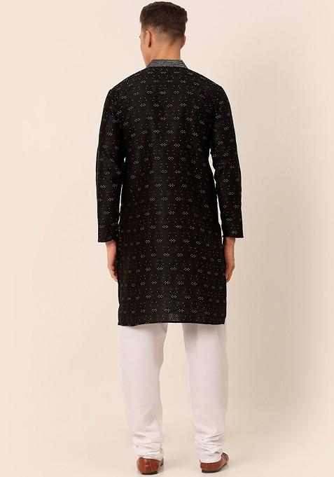 Black Printed Poly Blend Kurta Set For Men