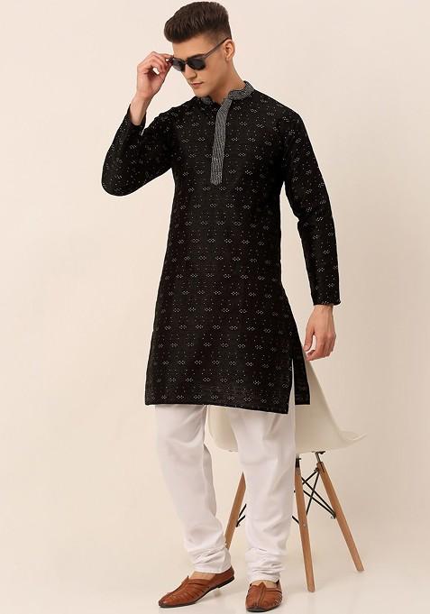 Black Printed Poly Blend Kurta Set For Men