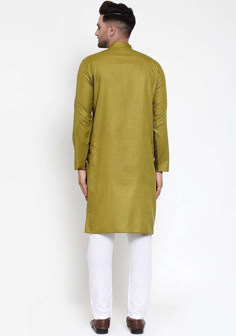Olive Embroidered Poly Blend Kurta Set For Men - Indya