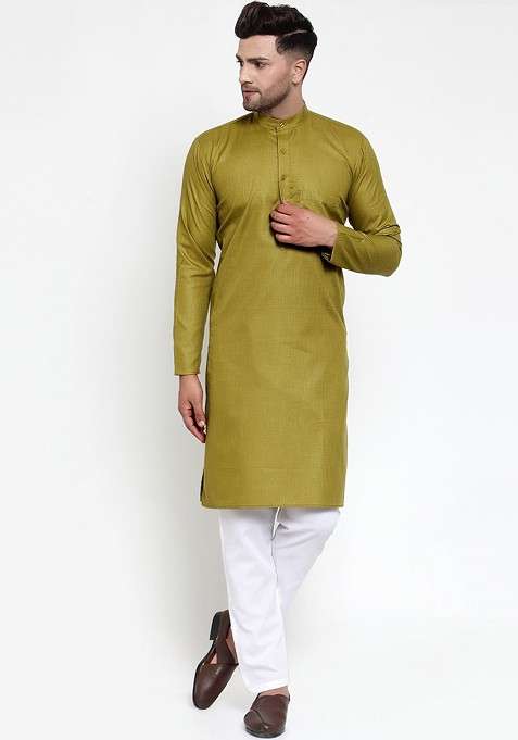 Olive Embroidered Poly Blend Kurta Set For Men
