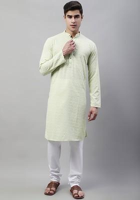 Green Embroidered Poly Blend Kurta Set For Men