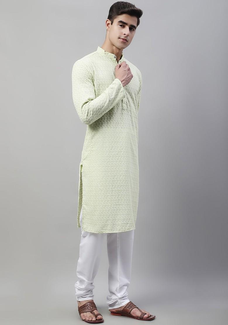 Green Embroidered Poly Blend Kurta Set For Men