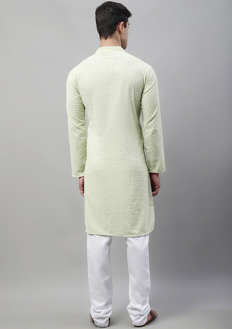 Green Embroidered Poly Blend Kurta Set For Men