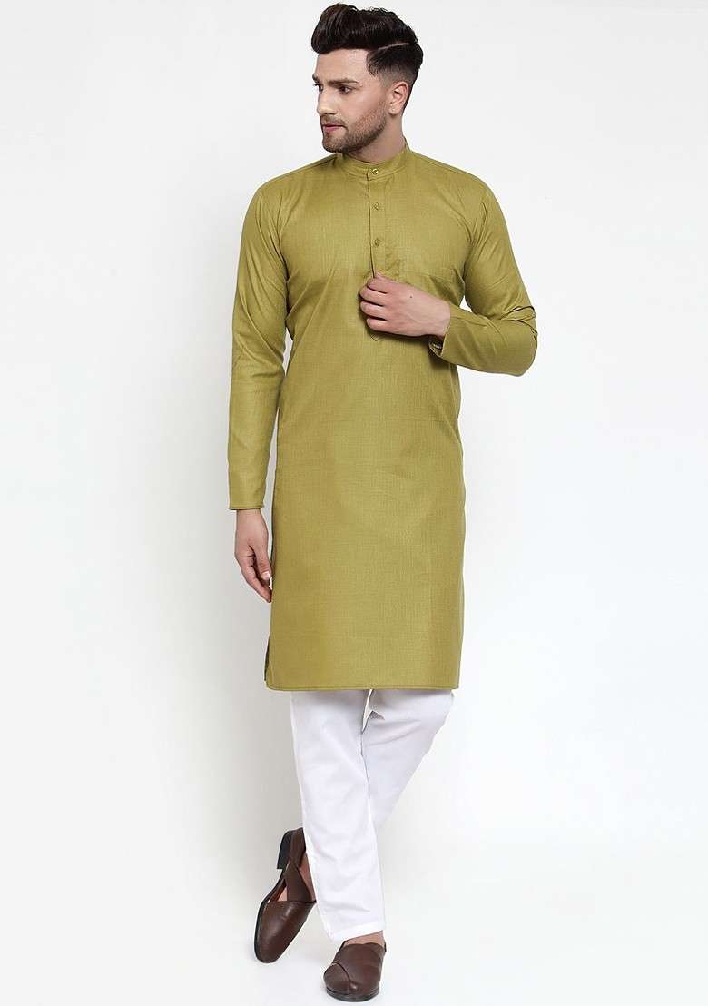 Olive Embroidered Poly Blend Kurta Set For Men - Indya