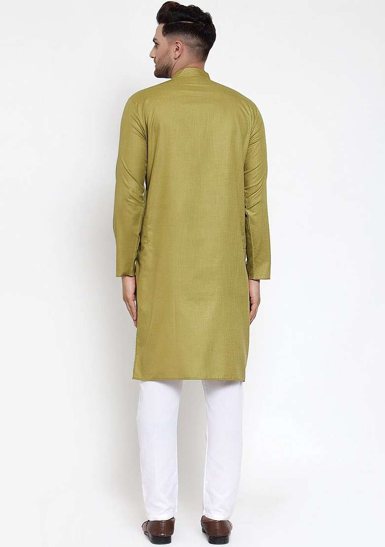 Olive Embroidered Poly Blend Kurta Set For Men - Indya