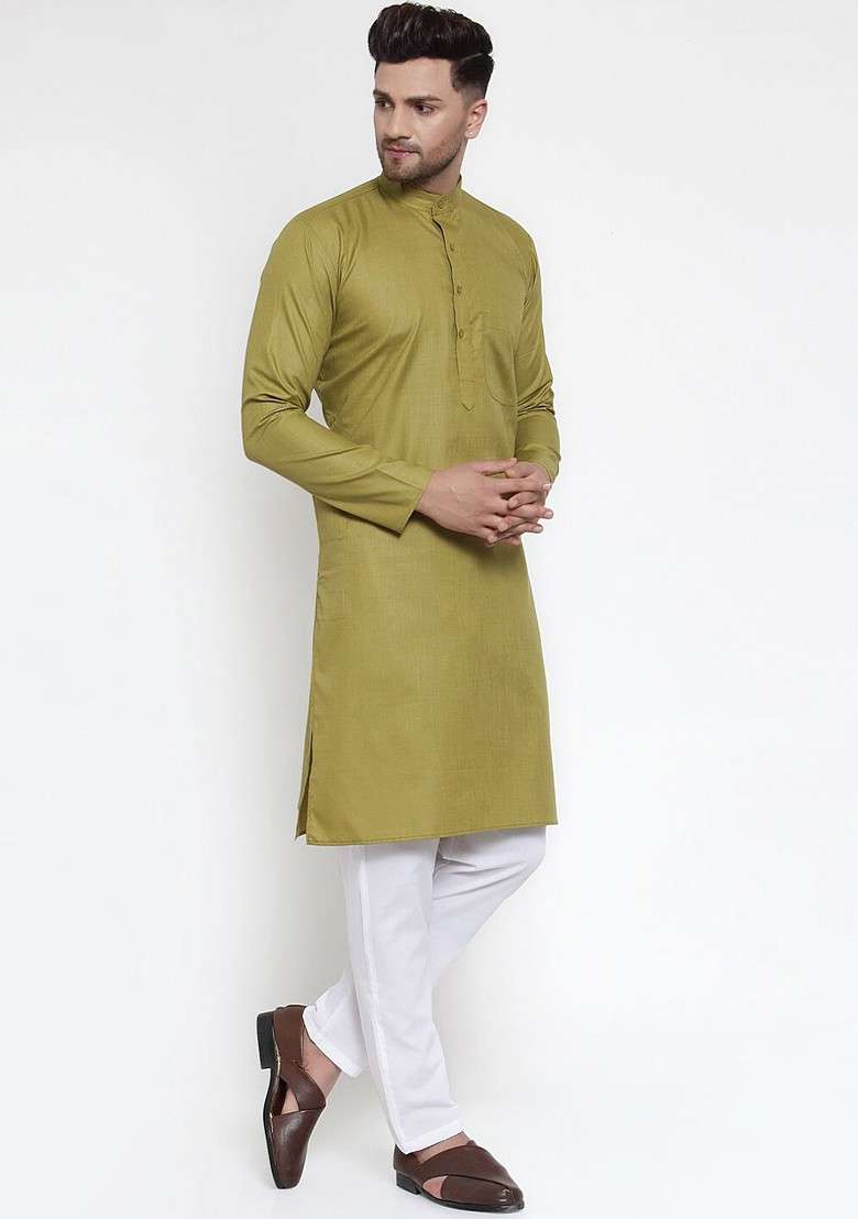 Olive Embroidered Poly Blend Kurta Set For Men - Indya
