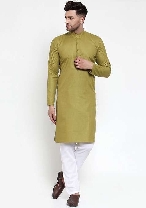 Olive Embroidered Poly Blend Kurta Set For Men