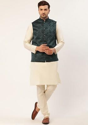 Teal Blue Embroidered Poly Blend Kurta Set For Men