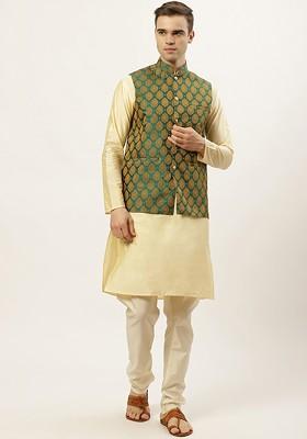 Green Ethnic Motif Poly Blend Kurta Set For Men