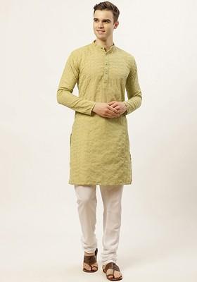 Green Embroidered Poly Blend Kurta Set For Men
