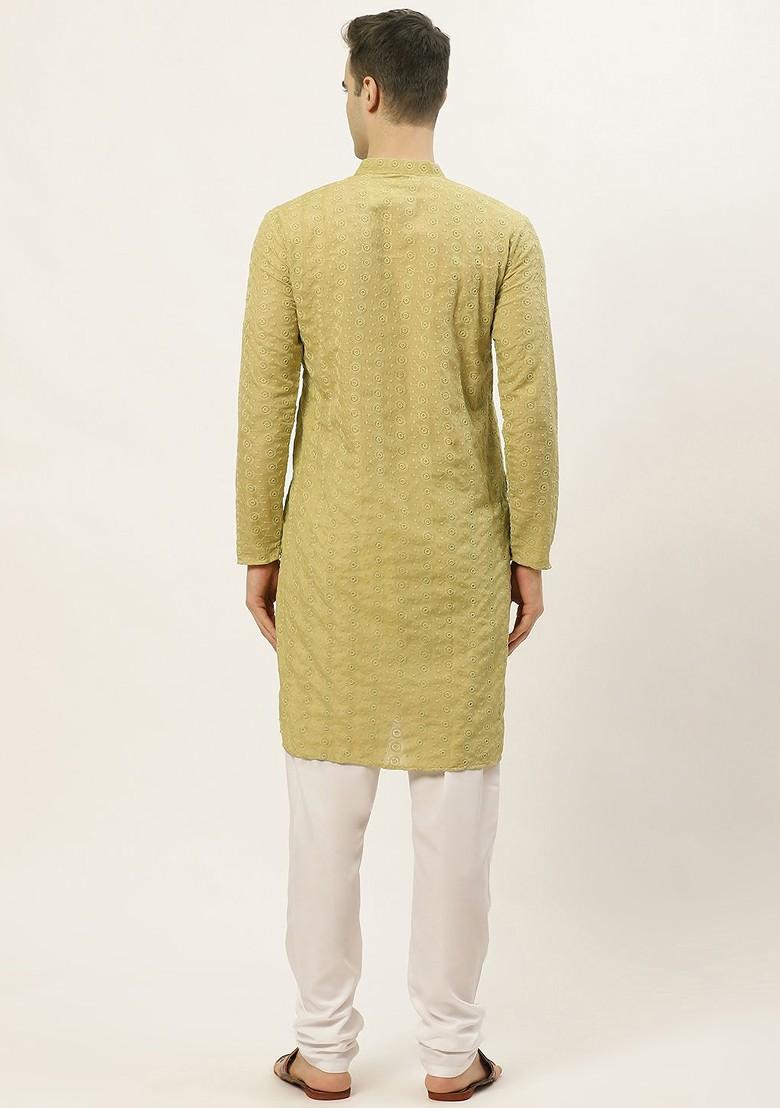 Green Embroidered Poly Blend Kurta Set For Men