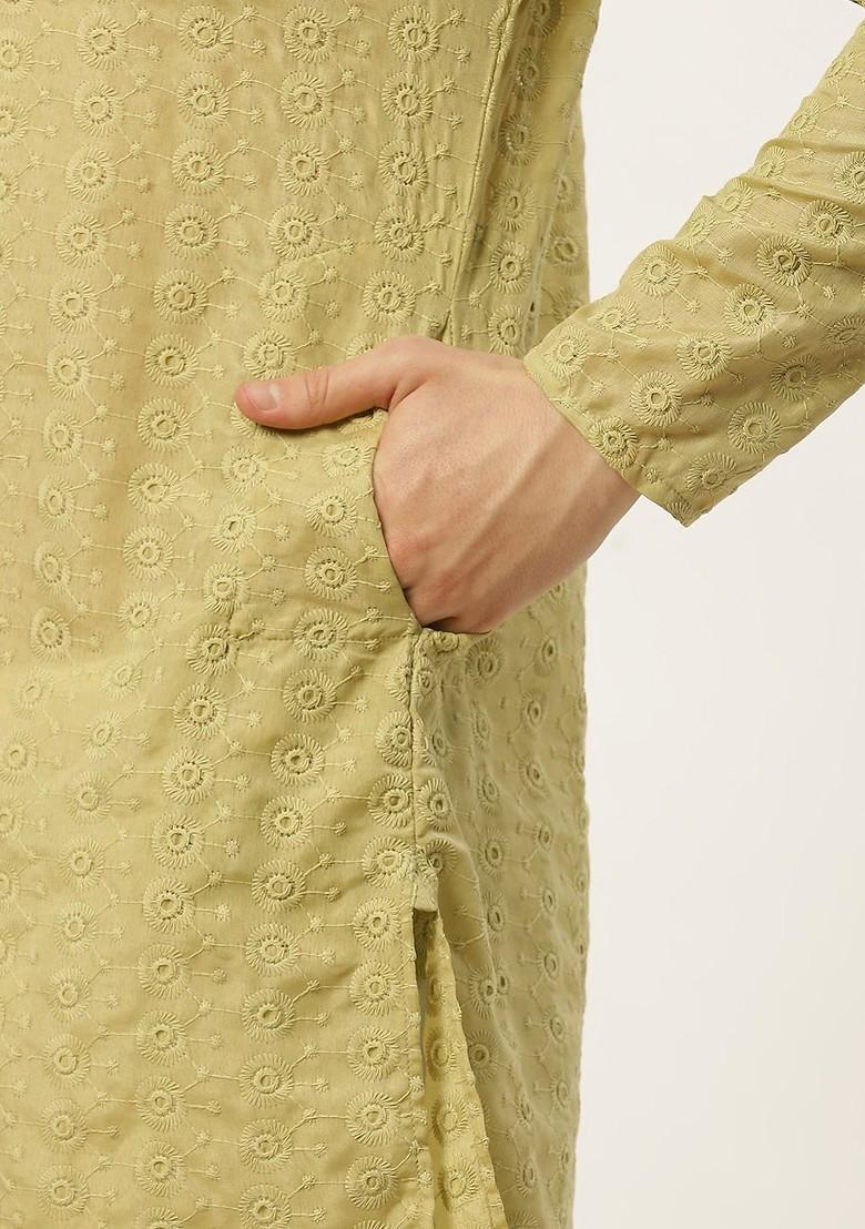 Green Embroidered Poly Blend Kurta Set For Men