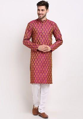 Pink Printed Poly Blend Kurta Set For Men