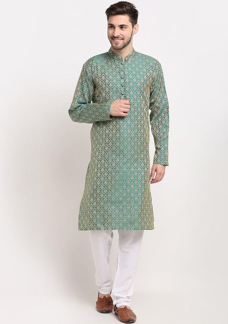 Green Printed Poly Blend Kurta Set For Men