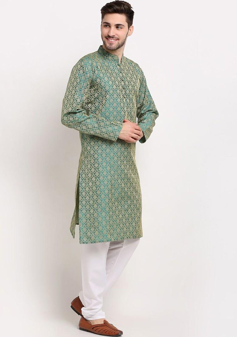 Green Printed Poly Blend Kurta Set For Men