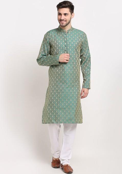 Green Printed Poly Blend Kurta Set For Men