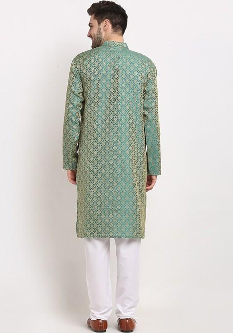 Green Printed Poly Blend Kurta Set For Men