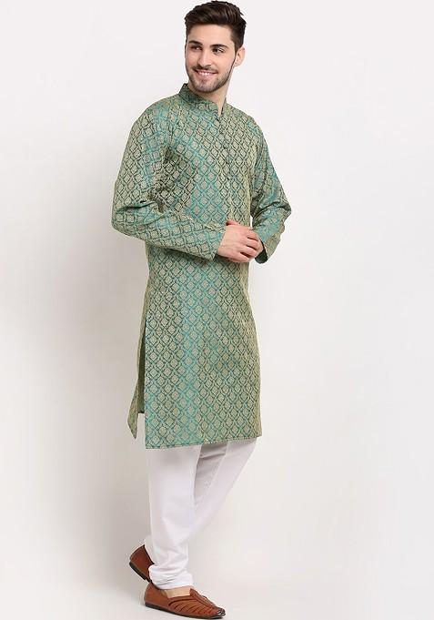 Green Printed Poly Blend Kurta Set For Men