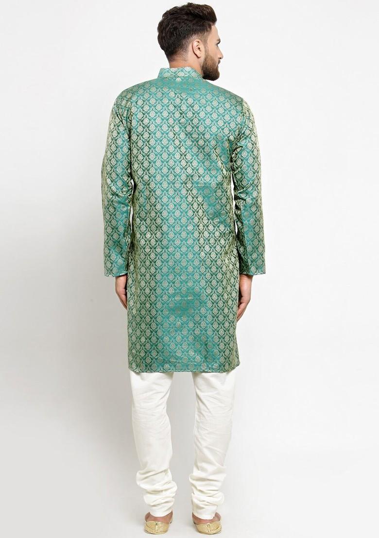 Green Embroidered Poly Blend Kurta Set For Men - Indya