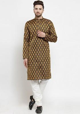 Black Woven Design Poly Blend Kurta Set For Men