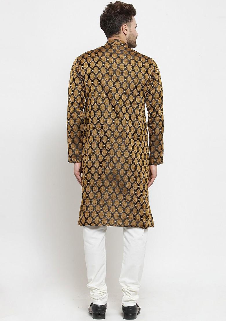 Black Woven Design Poly Blend Kurta Set For Men