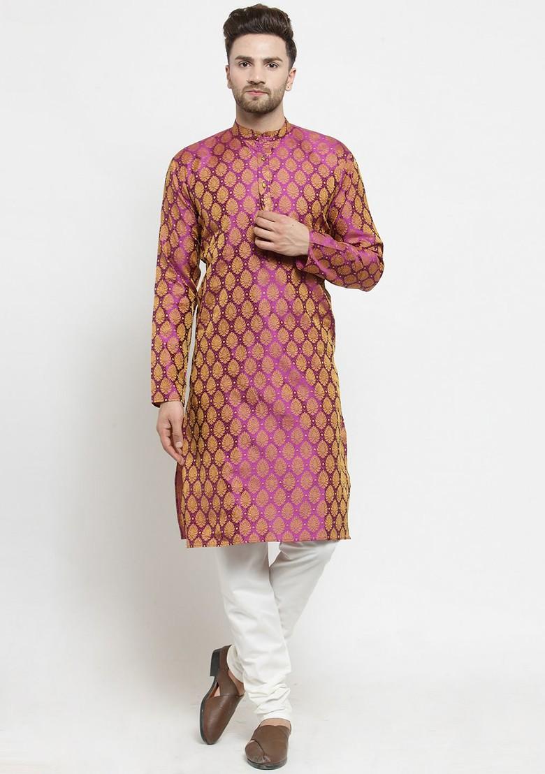 Pink Woven Design Poly Blend Kurta Set For Men