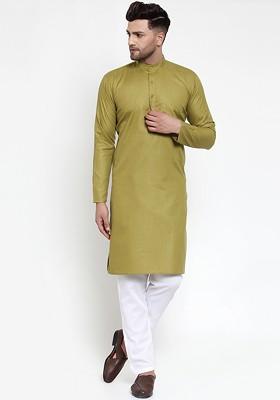 Green Embroidered Poly Blend Kurta Set For Men