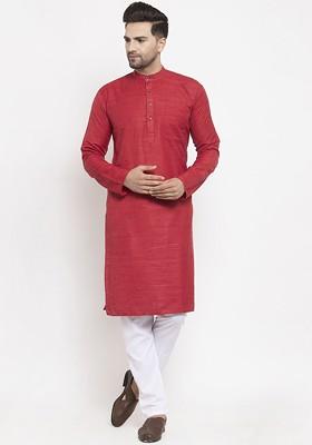 Maroon Embroidered Poly Blend Kurta Set For Men
