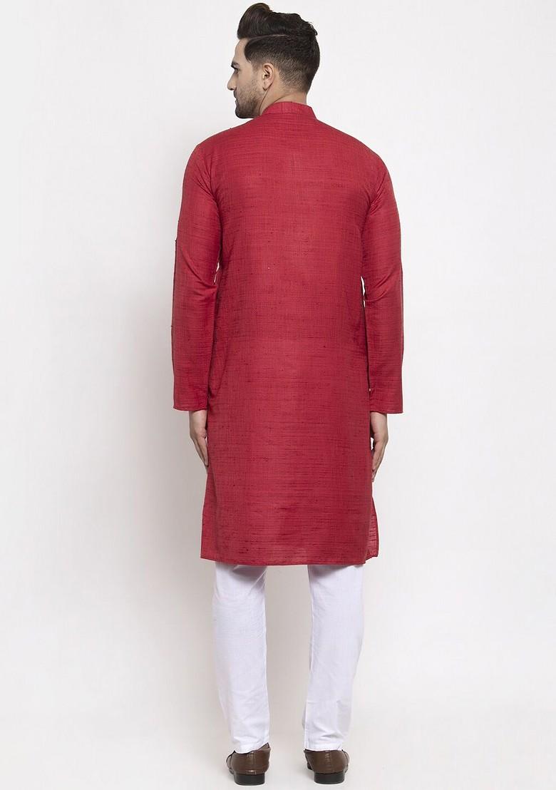 Maroon Embroidered Poly Blend Kurta Set For Men