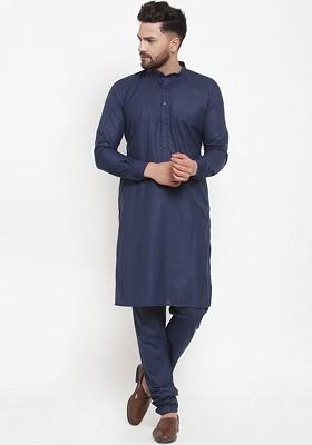 Navy Blue Embroidered Poly Blend Kurta Set For Men