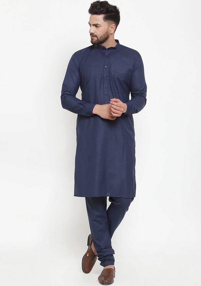 Navy Blue Embroidered Poly Blend Kurta Set For Men