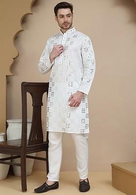 White Embroidered Poly Blend Kurta Set For Men