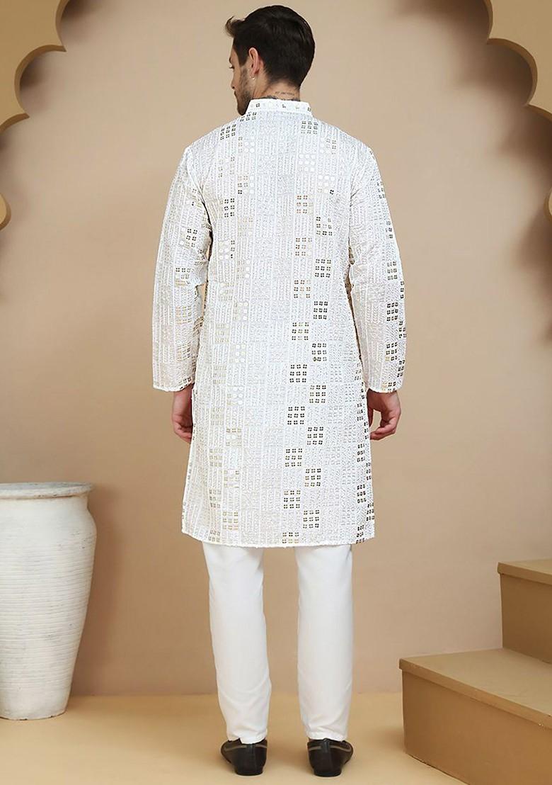 White Embroidered Poly Blend Kurta Set For Men