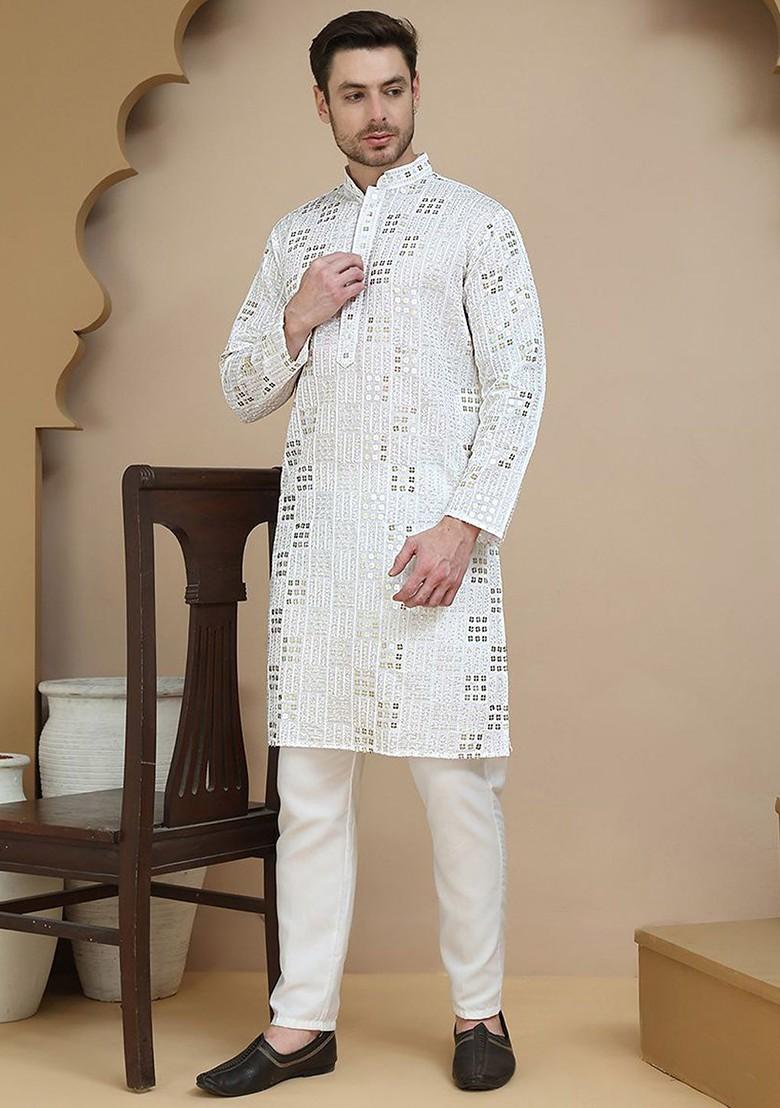White Embroidered Poly Blend Kurta Set For Men