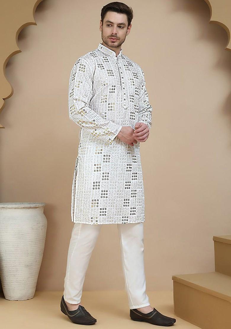 White Embroidered Poly Blend Kurta Set For Men