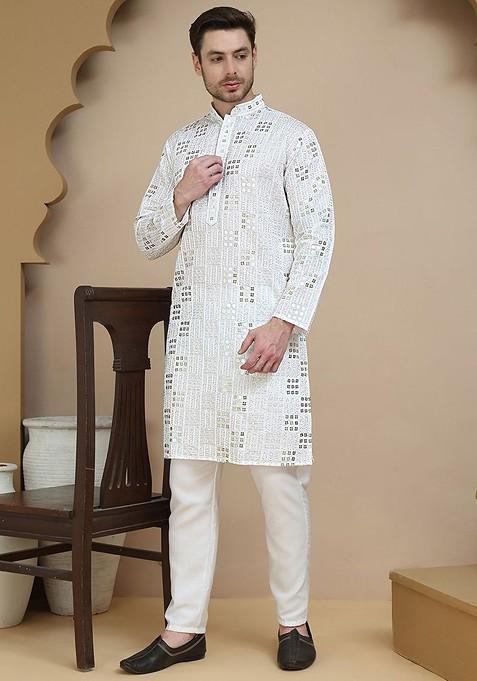 White Embroidered Poly Blend Kurta Set For Men