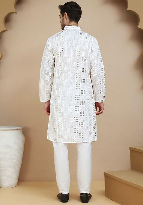 White Embroidered Poly Blend Kurta Set For Men