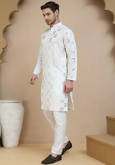 White Embroidered Poly Blend Kurta Set For Men