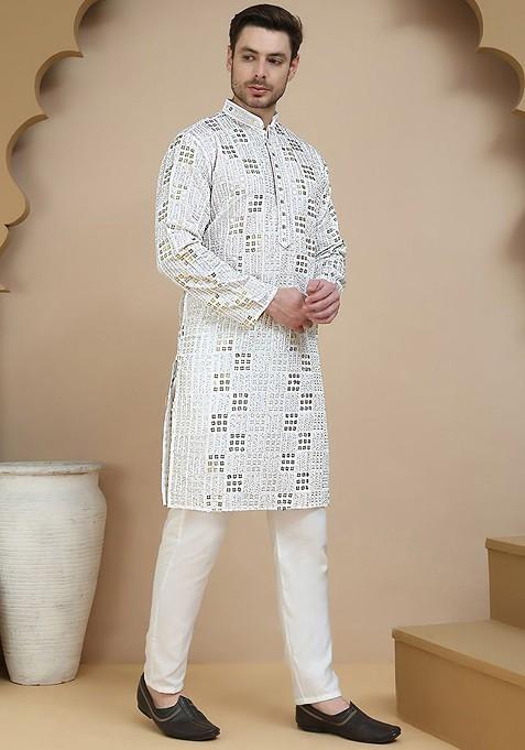 White Embroidered Poly Blend Kurta Set For Men