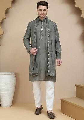 Grey Embroidered Poly Blend Kurta Set For Men