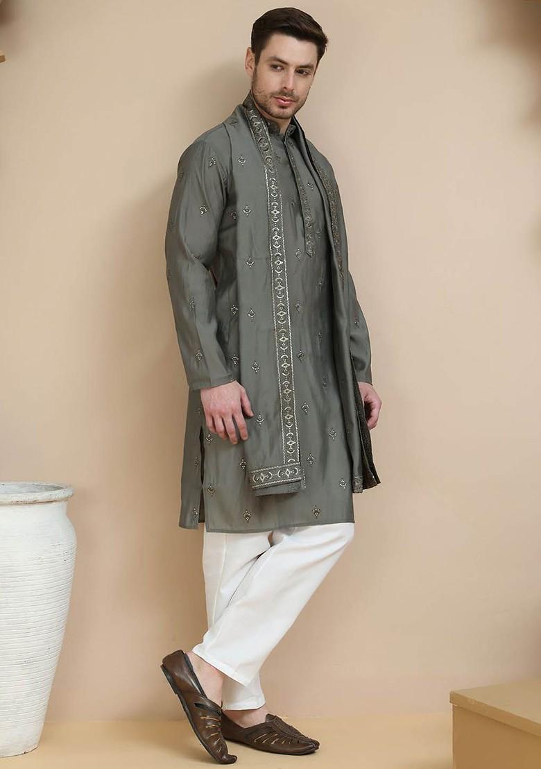 Grey Embroidered Poly Blend Kurta Set For Men