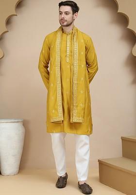 Mustard Yellow Embroidered Poly Blend Kurta Set For Men