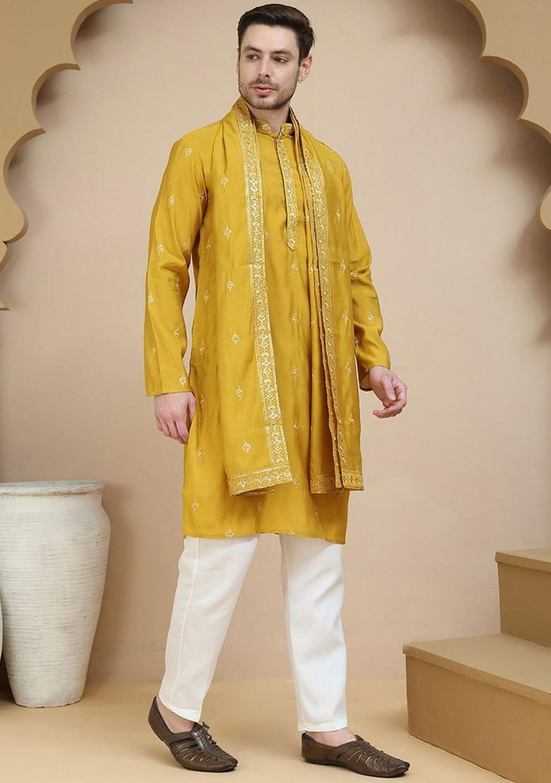 Mustard Yellow Embroidered Poly Blend Kurta Set For Men