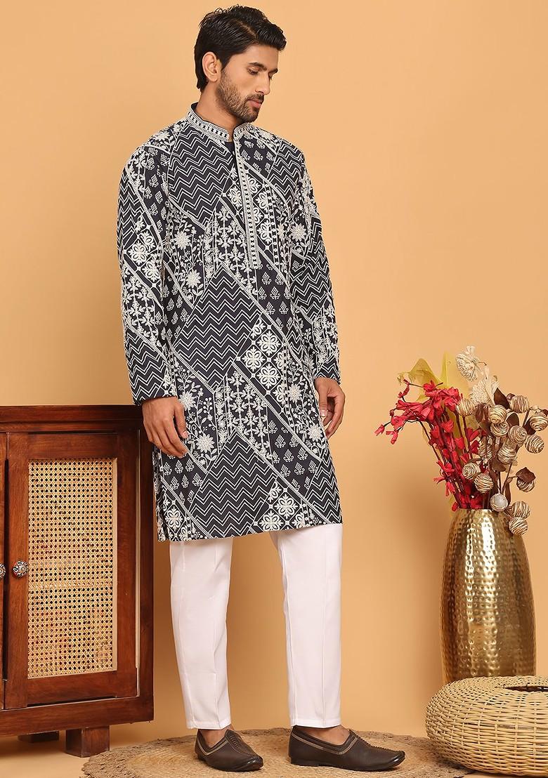 Navy Blue Embroidered Poly Blend Kurta Set For Men