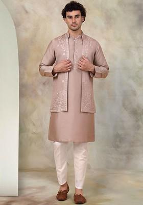 Bronze Brown Embroidered Poly Blend Kurta Set For Men
