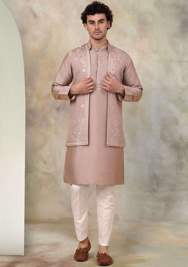 Bronze Brown Embroidered Poly Blend Kurta Set For Men - Indya